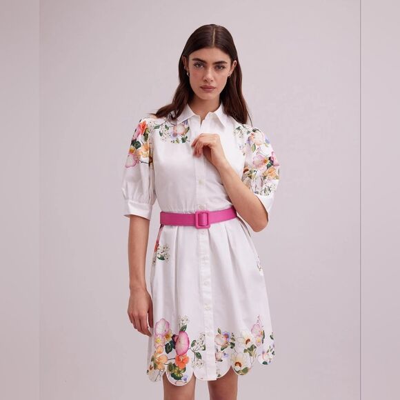 Anne Fontaine White Pink Midi Dress with Cuffed Sleeves - Picture 4 of 8